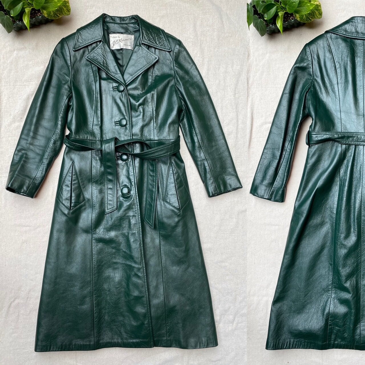 G926used vintage green real leather coat