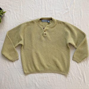 Suéter Henley de punto gofre verde/marrón de Oscar De La Renta, años 90, cuello abotonado, talla grande para hombre