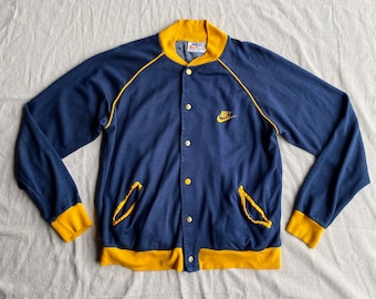 Vintage 70s-80s Nike Track Jacket, Blue with Yellow Gold Trim, Snap Front, Embroidered Swoosh Logo, Men's Size Medium, Orange Label