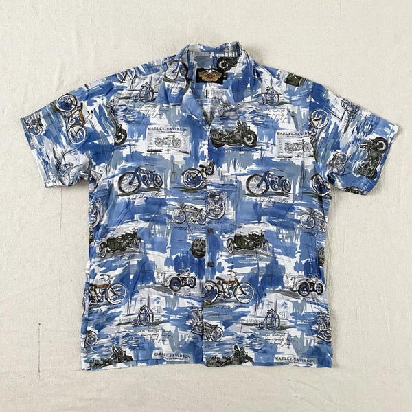 Vintage Harley Davidson Motorcycle Graphic Hawaiian Shirt, Men's Large, Blue Short Sleeve Button Up Collared, Antique Bikes Print
