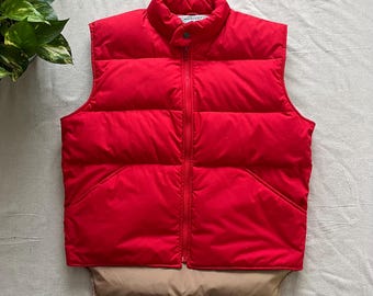 Vintage 1980s Red Puffer Vest, Quilted Down Filled, Snap Front