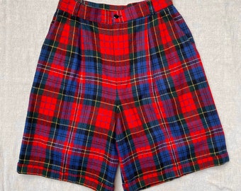 90s Red Plaid Shorts, Woven Wool Blend, High Waist Pleated Front, 27" Waist Size 10, 1990s Preppy Culottes, Tartan Pants