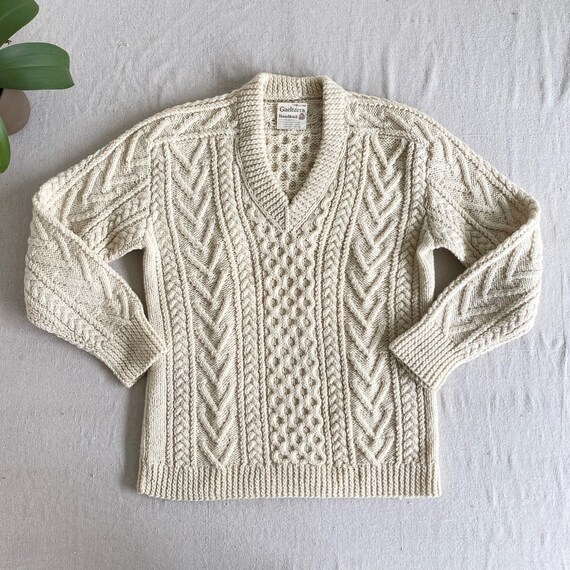 Vintage Irish Wool Fisherman Sweater, Cream White… - image 1