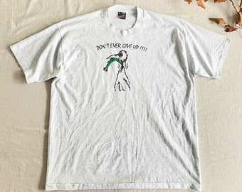 Vintage 90s 'Don't Ever Give Up' T-shirt, Frog and Bird Graphic, Size XL, Heather Gray Short Sleeve Crew Neck, Inspirational Saying