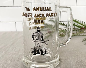 Vintage Lumberjack Beer Mug, Clear Glass Stein, Lumber Jack Party Rummel Bros Lumber Co Belsano PA, Bearded Man Axe Trees