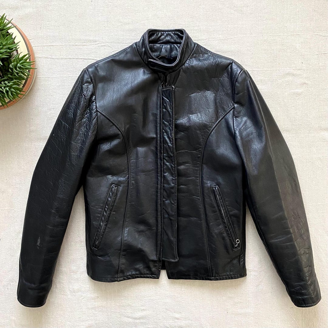Vintage 60s-70s Cafe Racer Motorcycle Biker Jacket, Black Leather