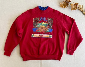 Vintage 90s Vegetables Sweatshirt, Nature's Bounty Farm Garden Graphic, Red Crew Neck Pullover, Women's Large XL, Blue Trim Collar