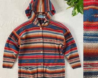 Vintage Jacquard Paris Geometric Stripe Knit Sweater Jacket with Hood, Wool Blend, Button Front, Women's Size Large-XL