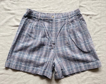 Vintage 90s Knit Plaid High Waisted Shorts, 30 Waist Size 12, Pleated Front, Cuffed Leg, Golf Sailing Grunge Natural Fiber