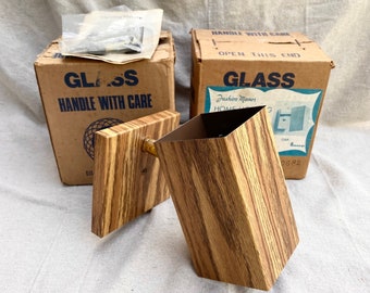 Vintage 70s Wood Grain Wall Sconce Light Fixtures, Modern Rectangular Square Brass Metal, Pair of Two in Boxes, EJS Lighting JCPenneys