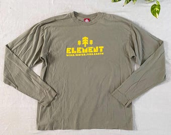Vintage Y2K Element Skateboards Long Sleeve Crew Neck T-shirt, Beige/Green with Yellow Logo Graphic, Men's Size XL