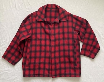 Vintage 60s-70s Woolrich Hunting Jacket, Red and Black Mackinaw Plaid Wool Coat, Men's Size 44 XL