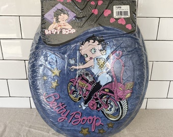 Vintage 90s Betty Boop Toilet Seat, Motorcycle Biker Graphic Blue Jean Denim Print, Pink and Gold Glitter, Sealed