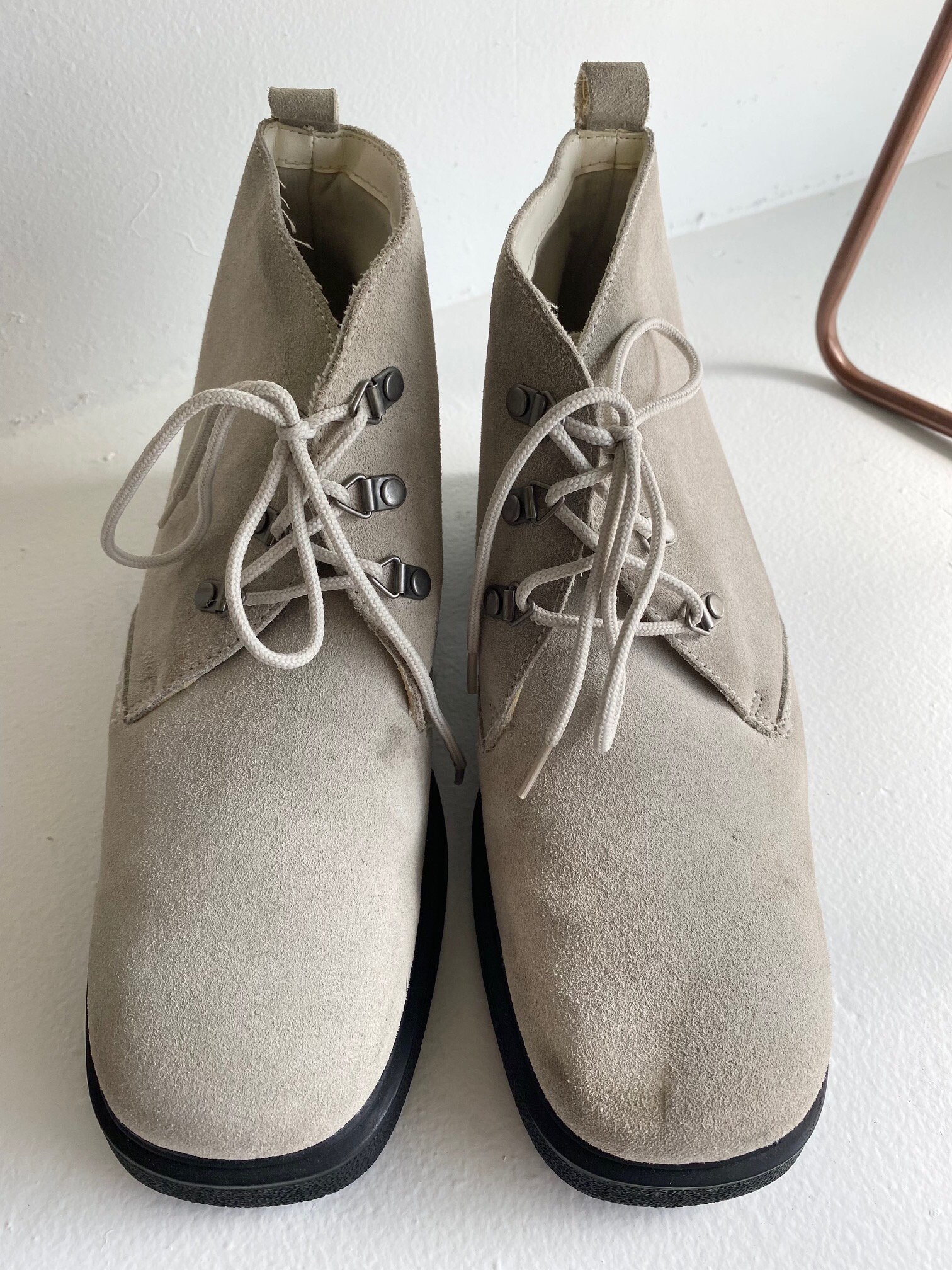 90s Chunky Platform Ankle Boots, Beige Suede Leather, Women