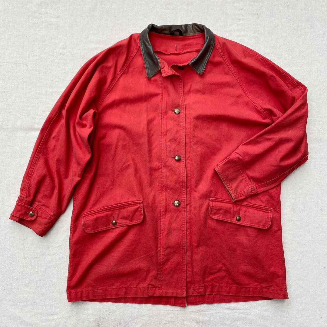 Vintage Woolrich Red Canvas Barn Coat, Men's Size Large, Zip up Chore Coat Field Jacket, Leather