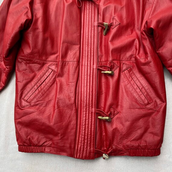 80s 90s Red Leather Coat with Hood, Zip Up Toggle… - image 9