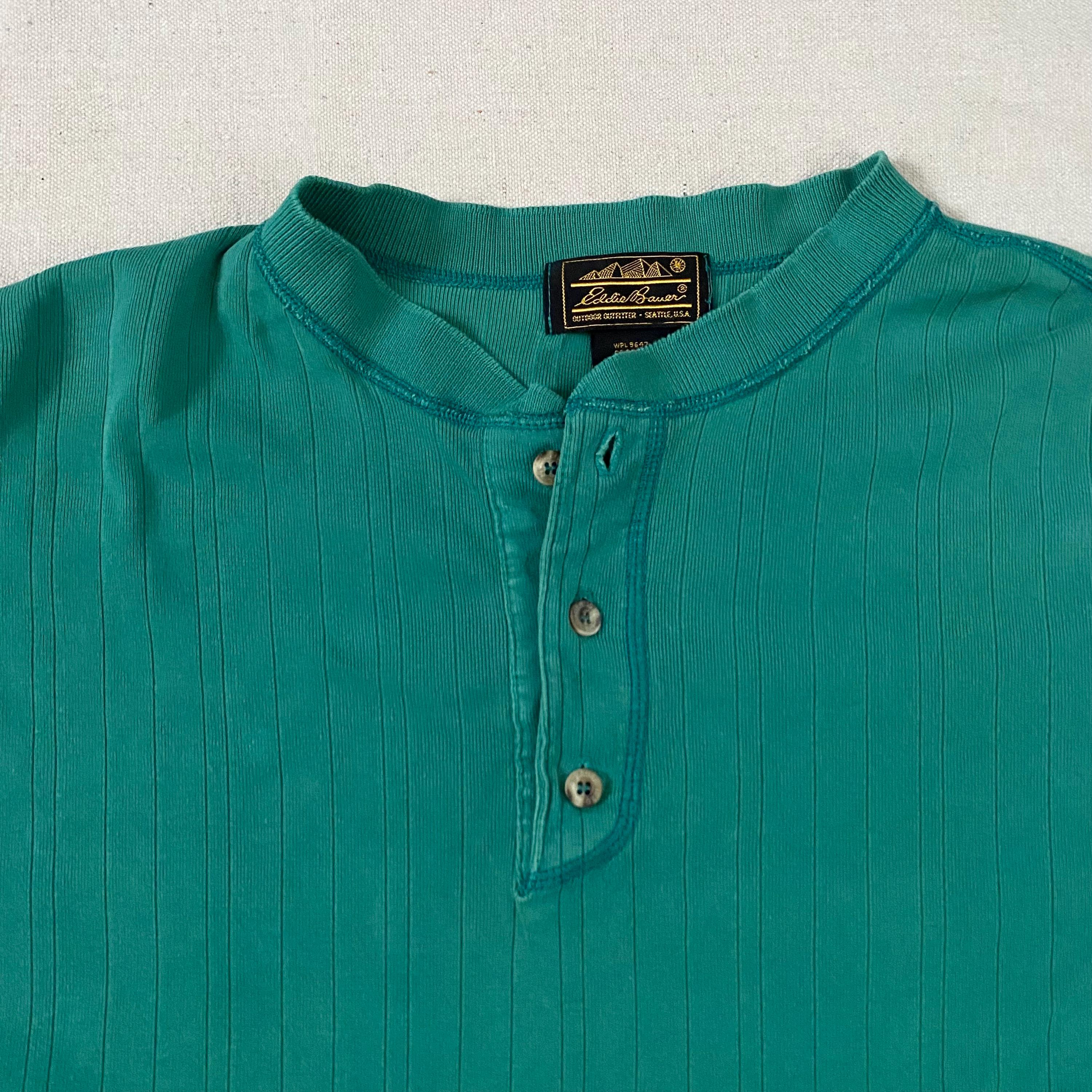Vintage 90s Eddie Bauer Henley Shirt, Green Cotton Ribbed Button