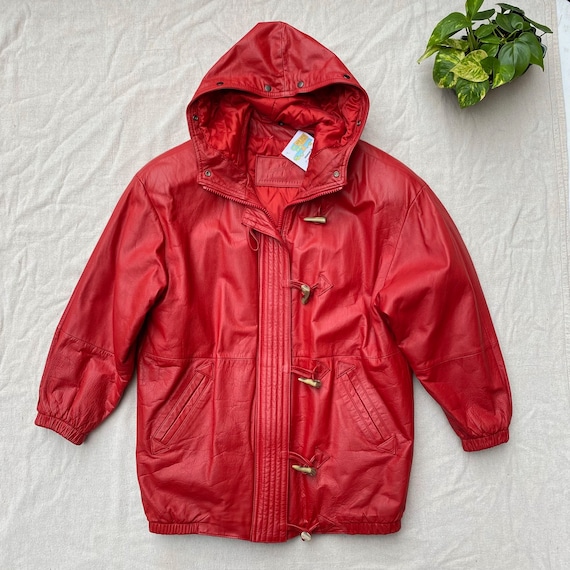80s 90s Red Leather Coat with Hood, Zip Up Toggle… - image 1