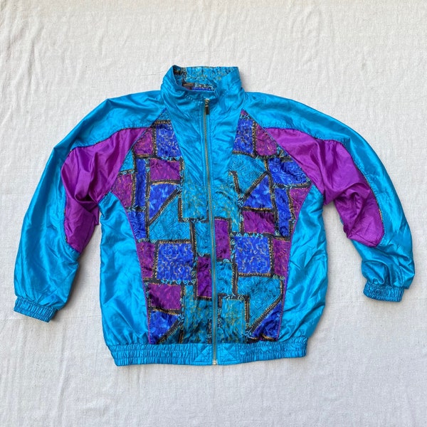 90s Jewel Tone Windbreaker, Abstract Geometric Pattern, Women's Size Medium, Zip Up Metallic Gold Shiny Jacket, Teal Blue Purple, Aerobics