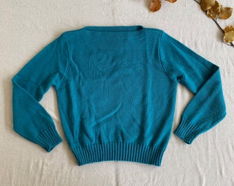 Vintage 70s-80s Lacoste Sweater, Alligator Knit Pattern, Teal Green Boat Neck Pullover, Women's Small Medium, Preppy Haymaker Acrylic