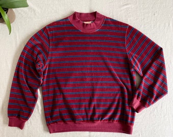 Vintage LL Bean 80s Velour Shirt, Maroon Green Striped, Men's Medium Large, Velvet Mock Neck Sweater