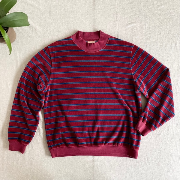 Vintage LL Bean 80s Velour Shirt, Maroon Green Striped, Men's Medium Large, Velvet Mock Neck Sweater