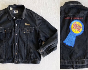 Vintage 90s Rodgers & Hammerstein's State Fair Lee Jean Jacket, Black Denim Size XXL, Embroidered Logo and Tommy Name, Broadway Musical