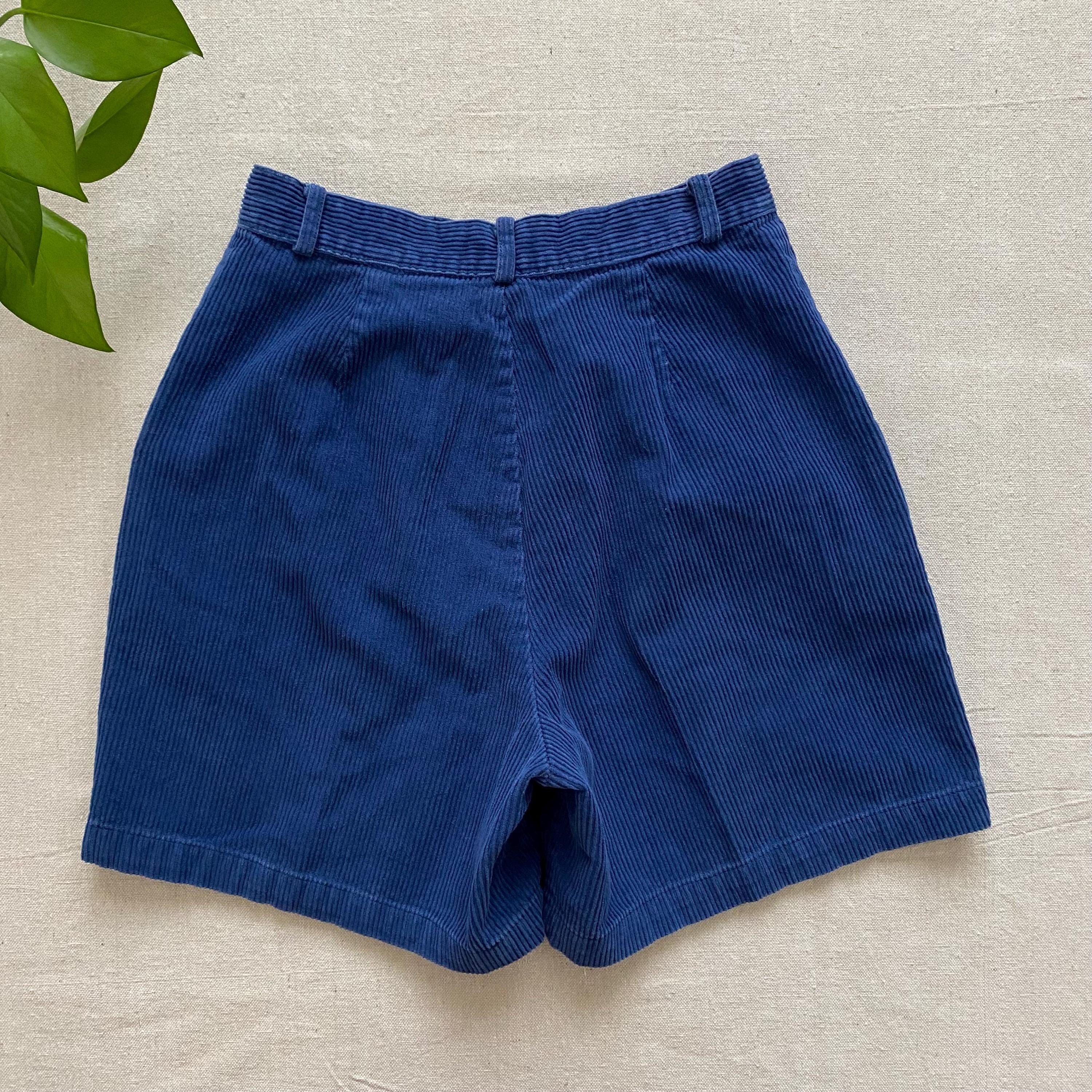 Vintage 90s Blue Corduroy High Waisted Shorts, Pleated Front