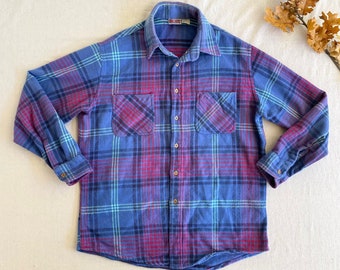 Vintage Big Mac Flannel Shirt, Blue Purple Pink Woven Plaid Check, Men's Large, Long Sleeve Button Up 1980s Workwear