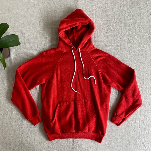 Vintage 90s Hanes Red Hoodie, Pullover Sweatshirt with Hood, Size Medium, Made in USA, Solid Plain, Men's XS Small