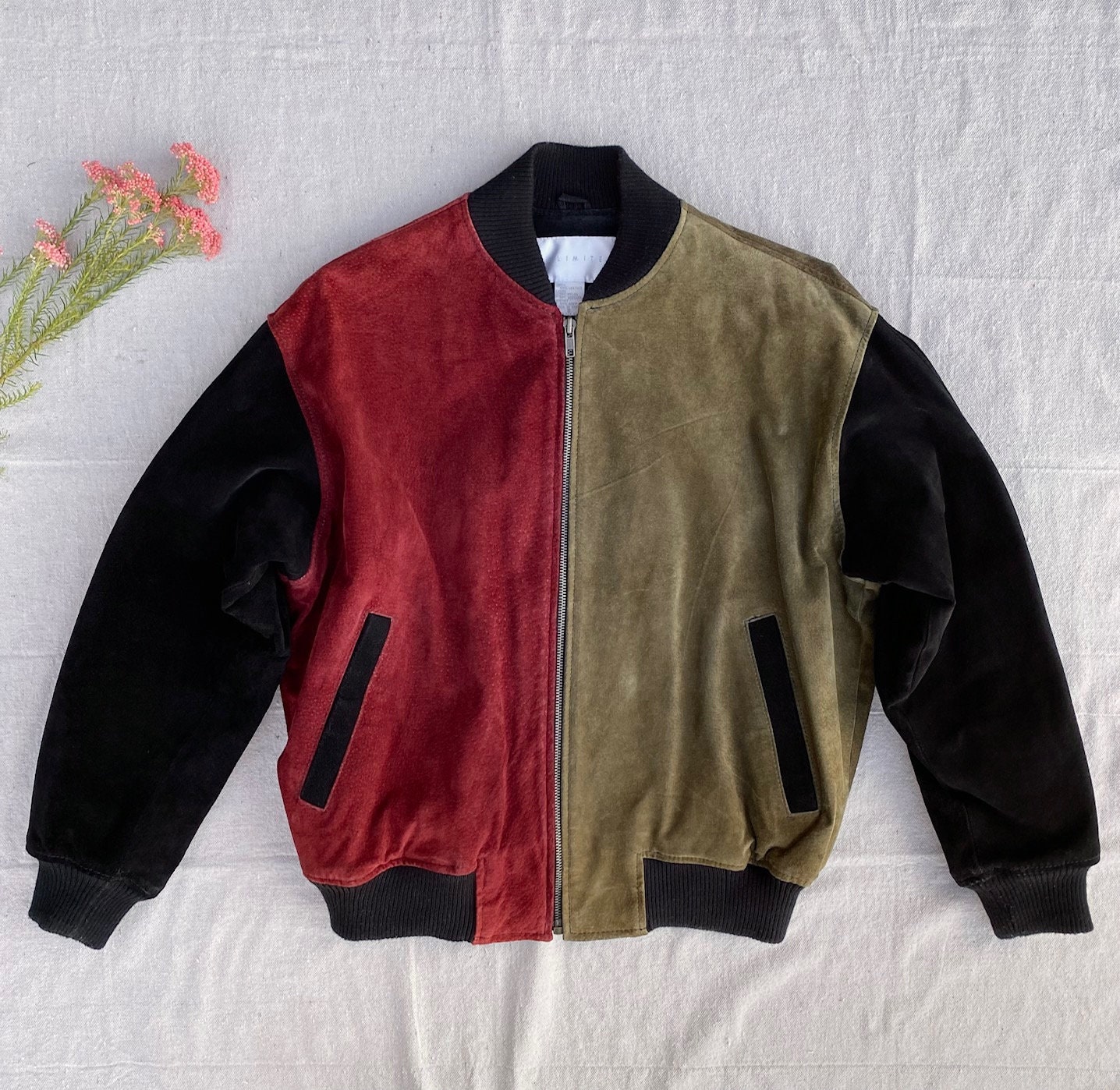 Vintage 90s Suede Varsity Bomber Jacket, Black Burgundy Green Color Block Leather, Women's Small, The Limited, Zip Front Quilted Lining Vintage 90s Suede Varsity Bomber Jacket, Black Burgundy Green Color Block Leather, Women's Small, The Limited, Zip Front Quilted Lining