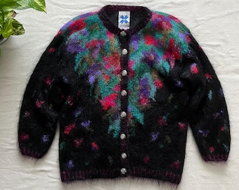Vintage Icelandic Design Mohair Wool Button Front Sweater Jacket, Women's Size Medium, Black Jewel Tone Floral Pattern