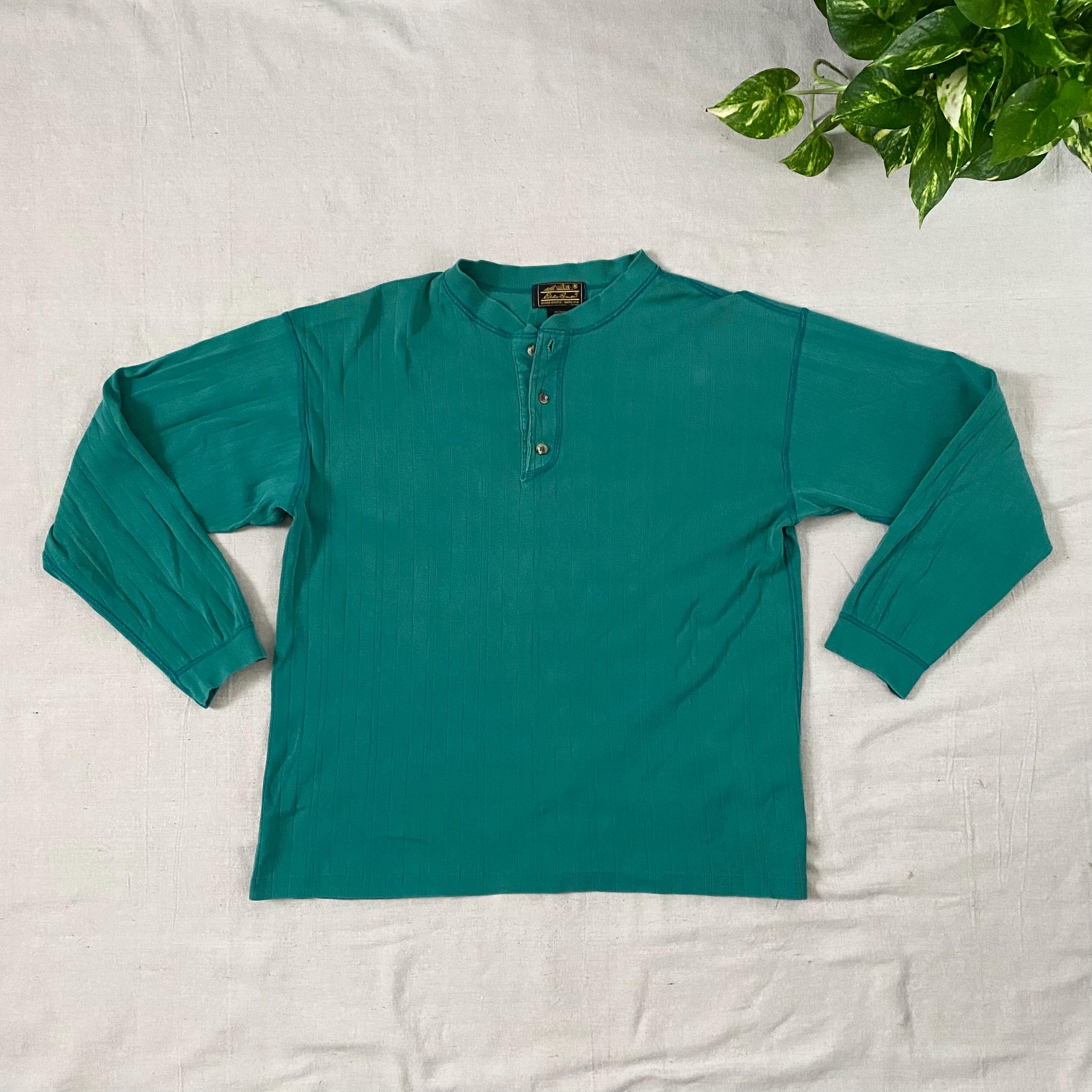 Vintage 90s Eddie Bauer Henley Shirt, Green Cotton Ribbed Button 