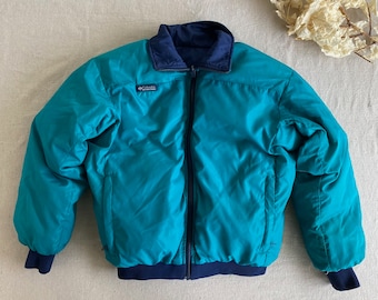 Vintage 90s Columbia Down Puffer Jacket, Teal Blue Reversible, Cropped Quilted Ski Jacket, Women's Small, Zip Front Winter Coat