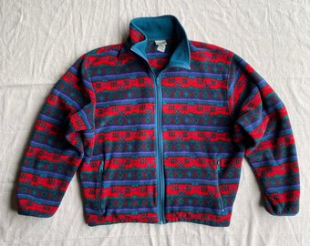 Vintage 90s LL Bean Aztec Geometric Stripe Fleece Jacket, Full Zip, Red Green Purple Jewel Tone, Oversize Large XL XXL