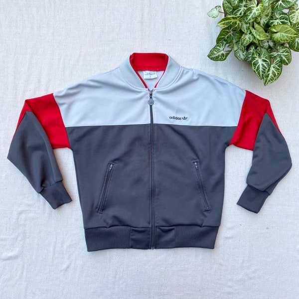 Vintage 80s Adidas Track Jacket, Gray and Red Color Block Striped, Full Zip, Spell Out Embroidered Trefoil Logo, Size Medium
