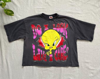 Vintage 90s Tweety Bird T-shirt, Do I Loo Like I Care, Glitter Graphic, Cropped Boxy Fit, Women's Size Large