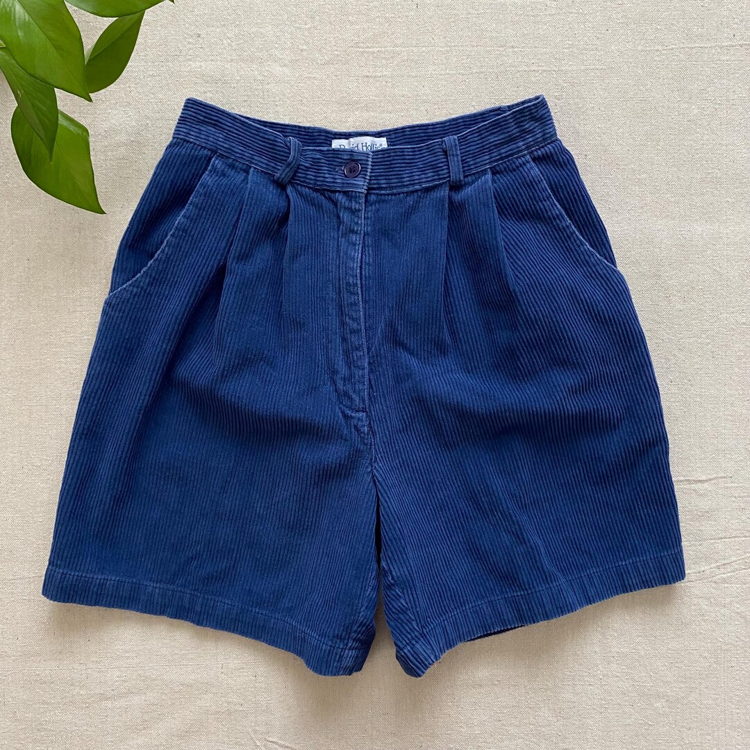 Vintage 90s Blue Corduroy High Waisted Shorts, Pleated Front