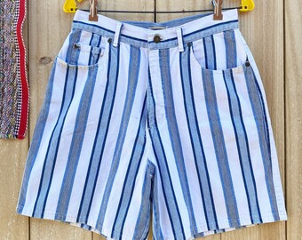 90s Striped Denim Shorts Blue White Stripe High Waist Jean Shorts Women's Size 12 High Waisted Shorts Made in USA White Denim Jorts