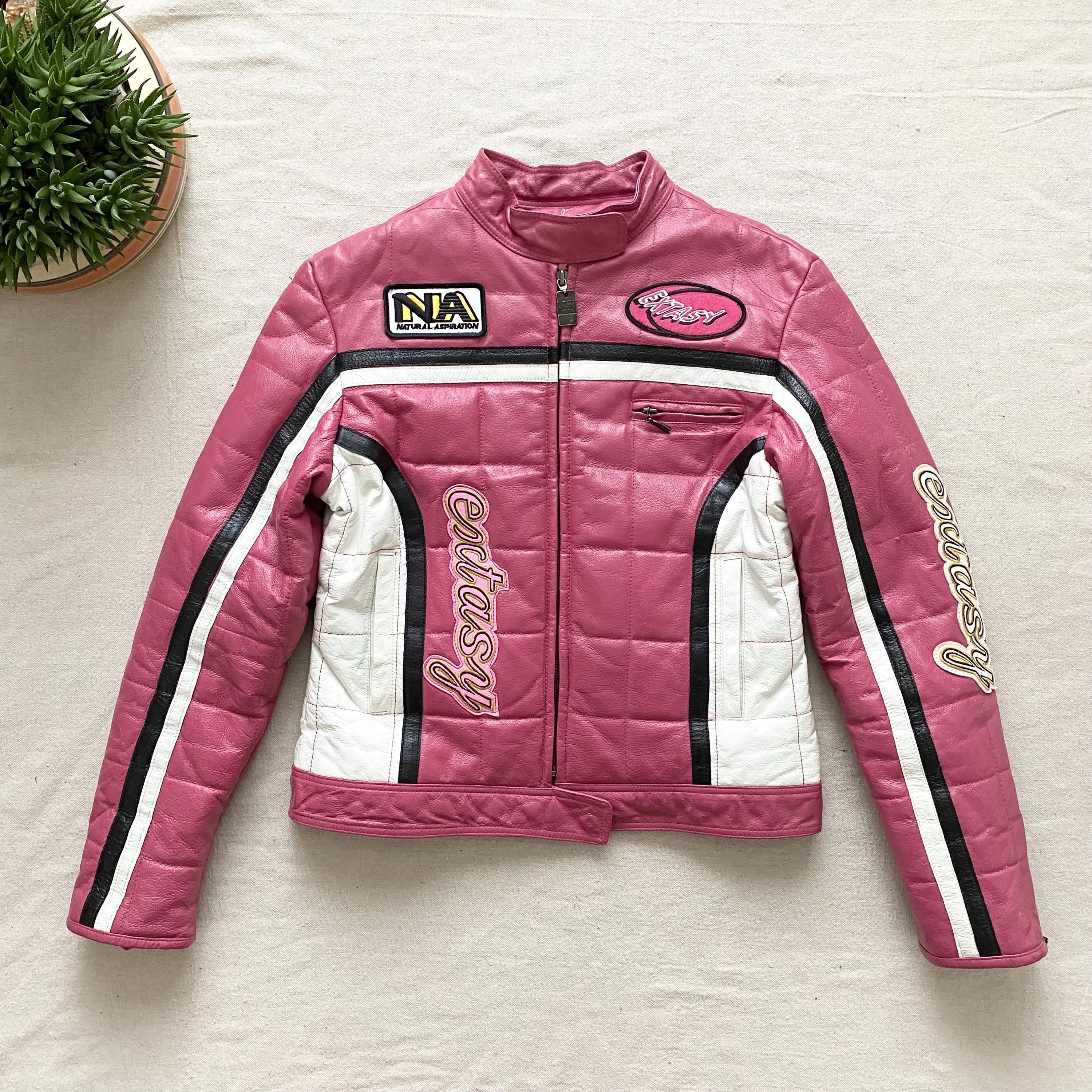 Vintage Y2k/2000s Pink Leather Biker Jacket, Black and White