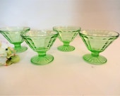 Vintage Anchor Hocking Block Optic Sherbet Glasses - Set of 4 - Green Depression Glass- Vintage Vaseline Glass Footed Sherbet Dish