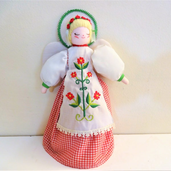 Scandinavian Style Angel Christmas Tree Topper - Silvestri Exclusive - Cloth Angel Christmas Tree Topper - 1960's - Red Gingham