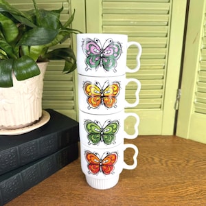 Vintage Mid Century Stacking Mugs- 4 Piece Set - Colorful Butterfly Stacking Mug Set - Japan - 1960's Christmas Holiday Decor