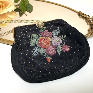 Beautiful Vintage Floral Petit Point Evening Bag -  1930&#39;s Floral Silk Needlepoint Purse - Embossed Gold Frame with Rhinestone Clasp