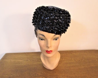 Vintage Navy Cello Straw Pillbox Hat - Miss Alice - 1960s - Navy Blue Toque Pillbox Hat - Wedding Hat - Mother of the Bride Hat