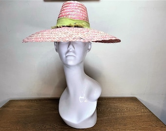 Retro Straw Sun Hat - Beach Hat - Tiki Hat - 1960's - Wide Brim - Pink with Green Trim- Vintage Tropical Resort Wear - Small Size