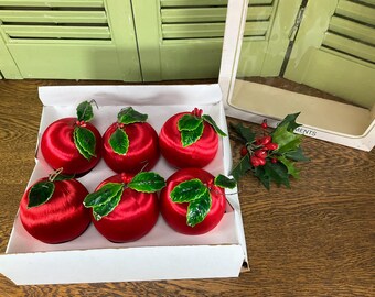 Vintage Pyramid 3" Red Satin Christmas Ornaments with Lacquered Holly Leaves - Box of 6 - Retro Pyramid Satin Christmas Ornaments