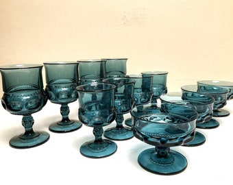 Vintage Indiana Glass Kings Crown Teal Blue Glassware - Set of 4 - Your Choice - Water Goblet - Wine Glass  or  Coupe Champagne/Cocktail