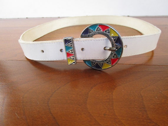 Vintage White Leather Belt with Colorful Enamel B… - image 1