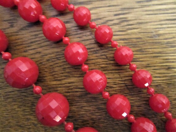 1940's or 50's Triple Strand Red Bead Necklace - … - image 3